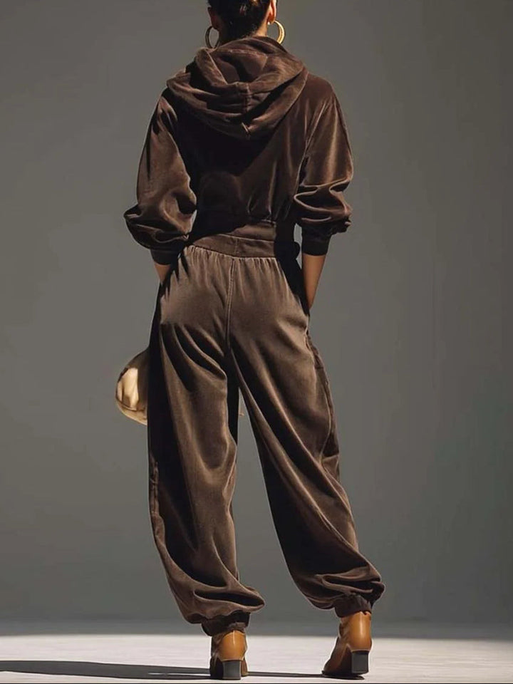 Sophia™ - Vintage brauner Samt-Hoodie und lockere Hose Set (Inklusive Gürtel)