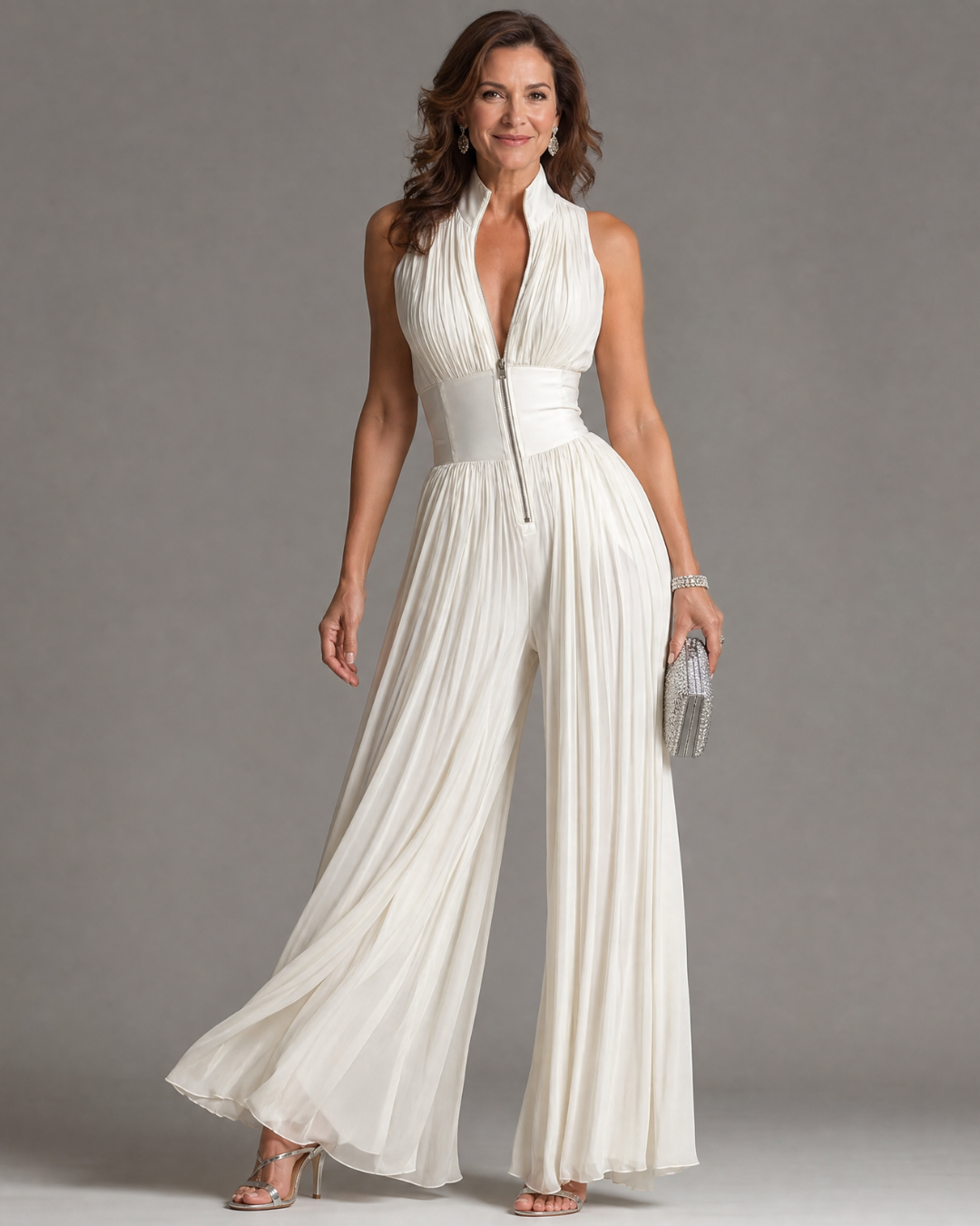 Zakira | Plissierter Halter-Neck Weitbeiniger Jumpsuit