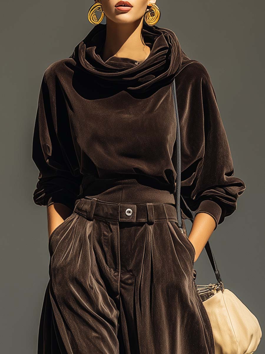 Sophia™ - Vintage brauner Samt-Hoodie und lockere Hose Set (Inklusive Gürtel)