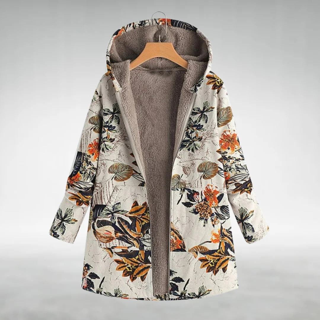 Fleur | Geblümter Fleece-Mantel mit Kapuze