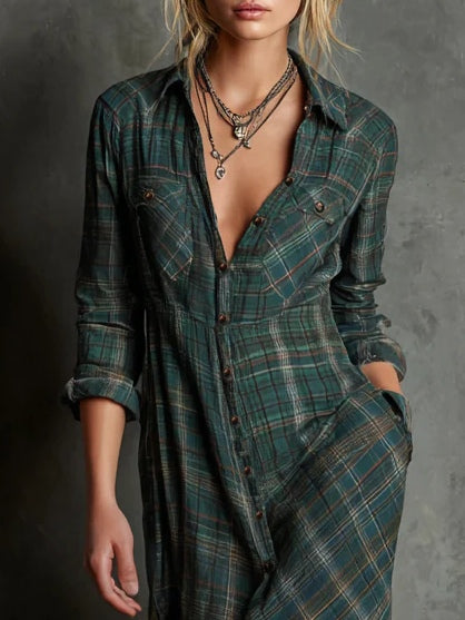 Devine™ - Langes Kleid mit Grünem Karomuster
