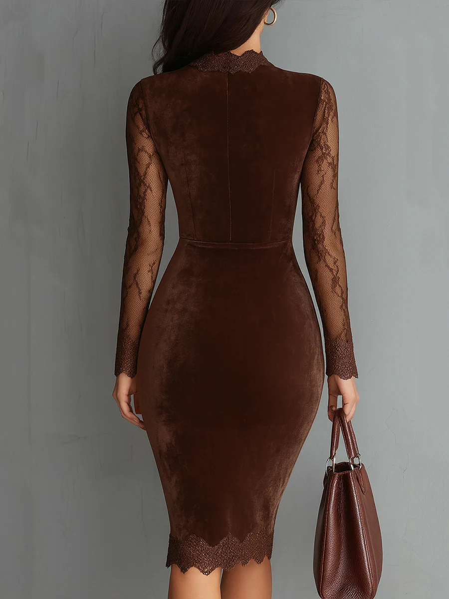 Helen™ - Braune Vintage Schlüssel-Loch Halslinie Spitzen Ärmel Samt Mini Kleid