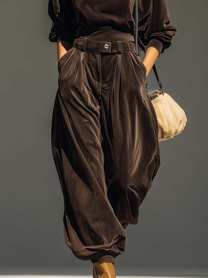 Sophia™ - Vintage brauner Samt-Hoodie und lockere Hose Set (Inklusive Gürtel)