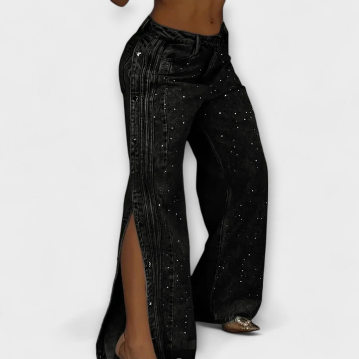 Aurora - Mit Strass verzierten High-Waisted Jeans mit seitlichen Knöpfen