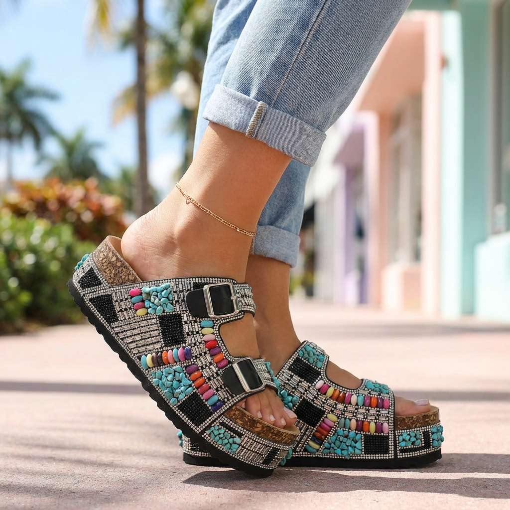 Samantha | Perlen-Plattform-Sandalen