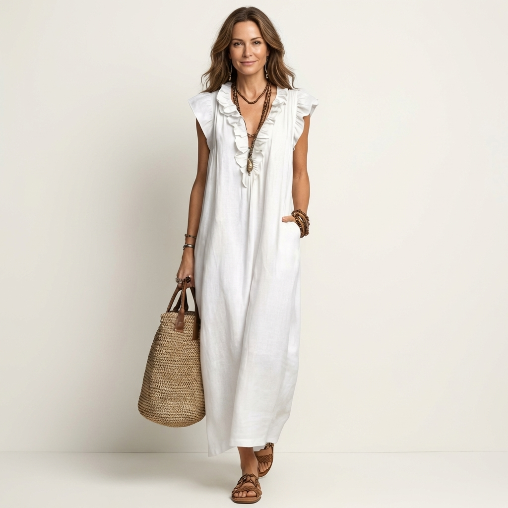 Celine | Rüschenshirt V-Ausschnitt Maxikleid