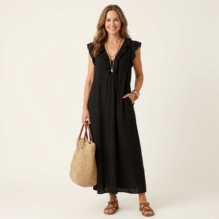 Celine | Rüschenshirt V-Ausschnitt Maxikleid