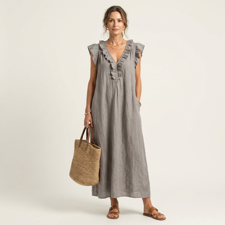 Celine | Rüschenshirt V-Ausschnitt Maxikleid