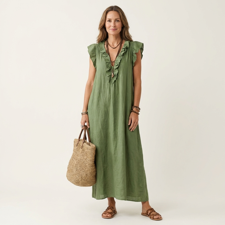 Celine | Rüschenshirt V-Ausschnitt Maxikleid