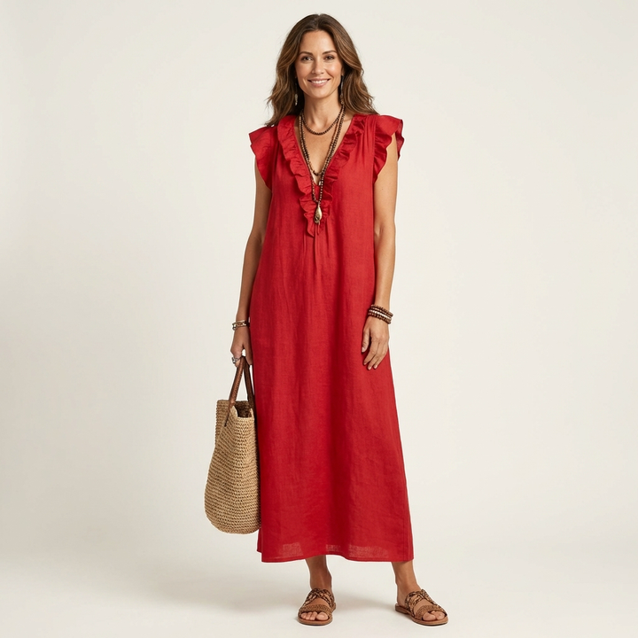 Celine | Rüschenshirt V-Ausschnitt Maxikleid