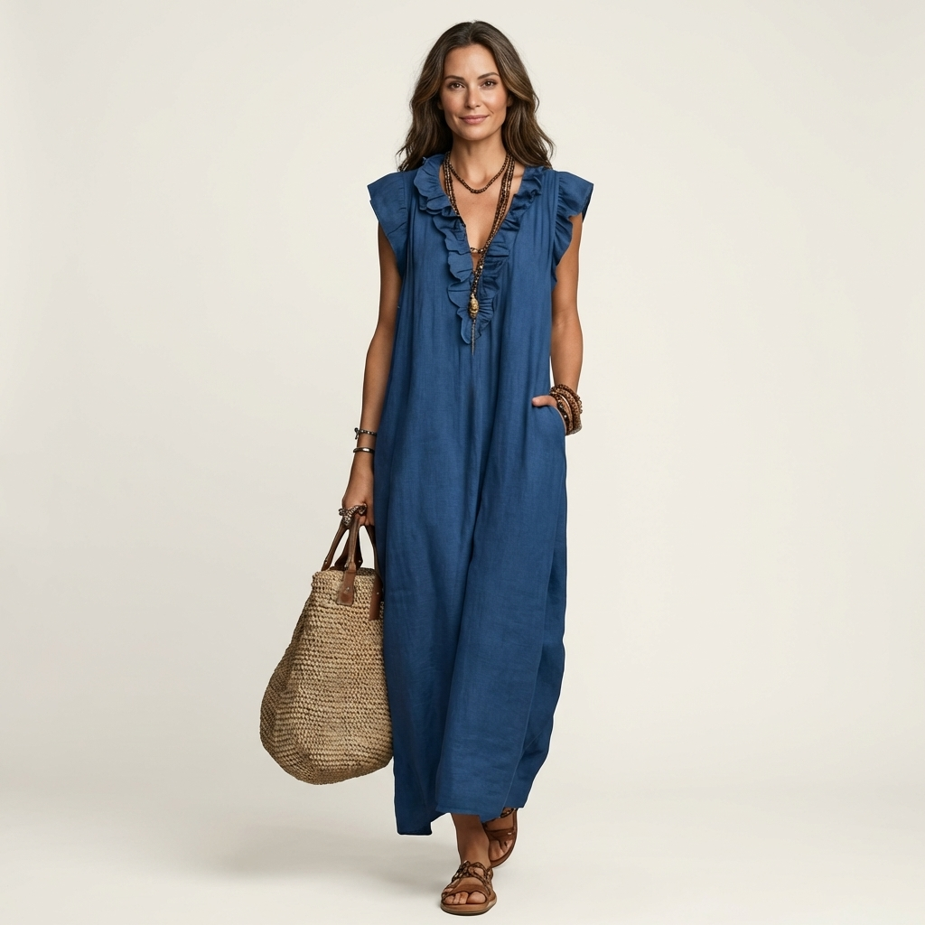Celine | Rüschenshirt V-Ausschnitt Maxikleid