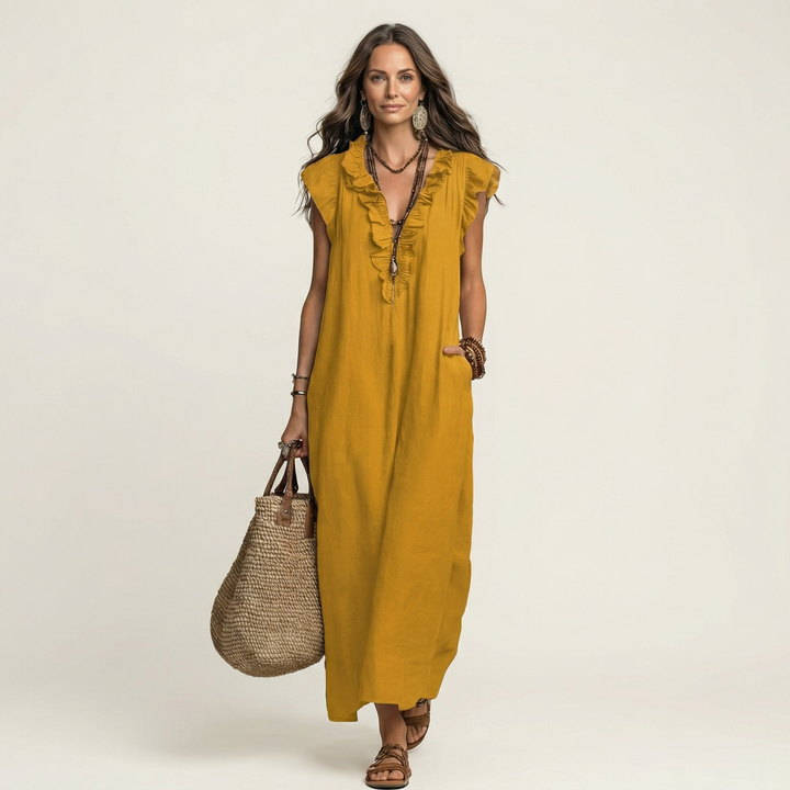 Celine | Rüschenshirt V-Ausschnitt Maxikleid