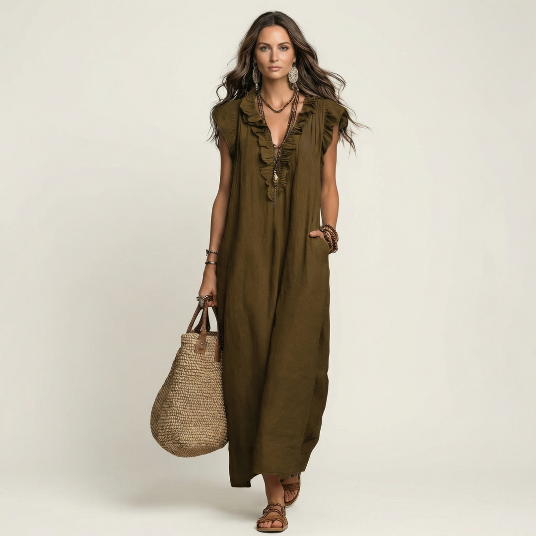 Celine | Rüschenshirt V-Ausschnitt Maxikleid