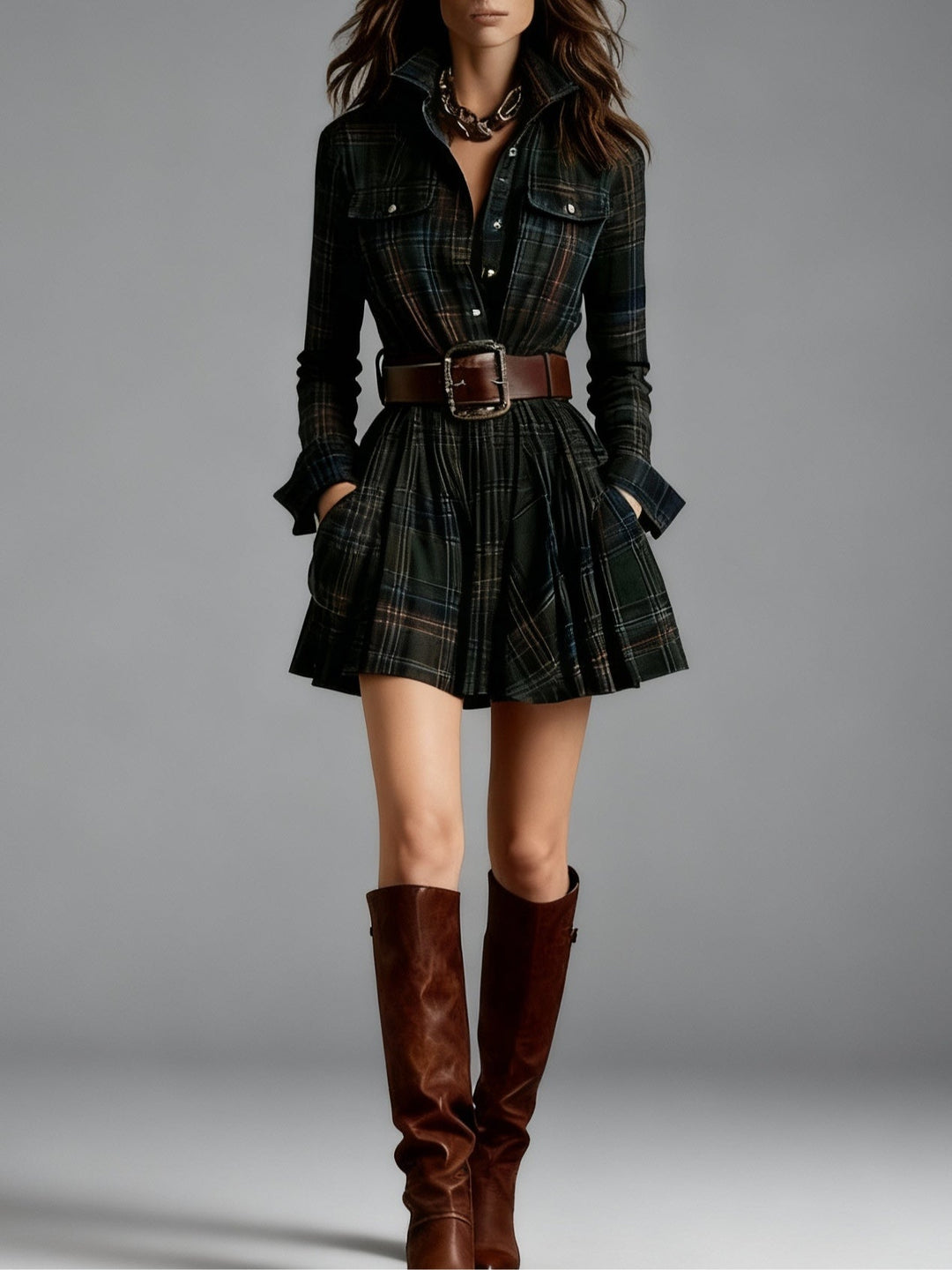 Sandra™ - Vintage Kragen Kariertes Mini Kleid