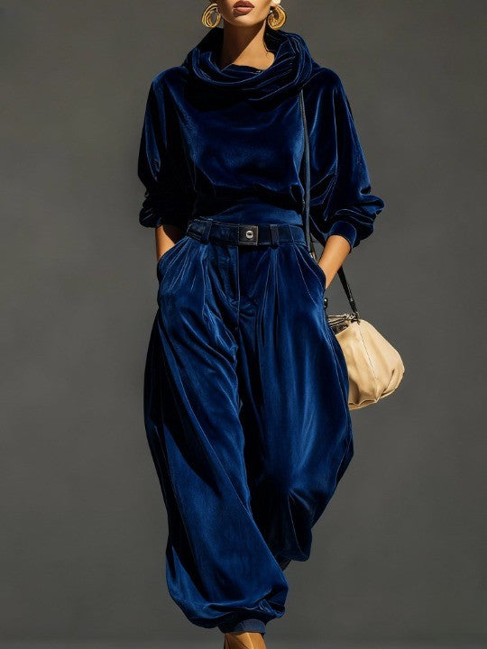 Sophia™ - Vintage brauner Samt-Hoodie und lockere Hose Set (Inklusive Gürtel)