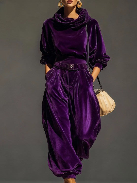 Sophia™ - Vintage brauner Samt-Hoodie und lockere Hose Set (Inklusive Gürtel)
