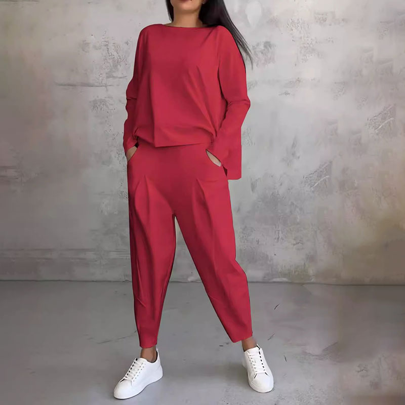 Mode, Freizeit Langarm mit rundem Hals ＆ Hose 2-teiliger Set