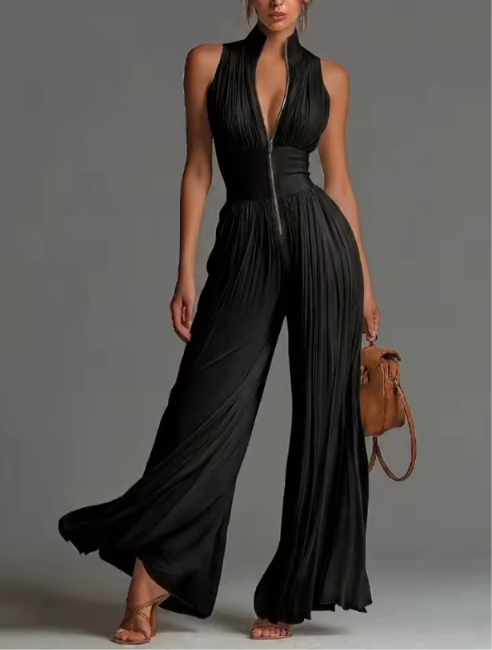 Zakira | Plissierter Halter-Neck Weitbeiniger Jumpsuit